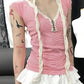 Pink Y2K Striped Lace Trim Button Up Top