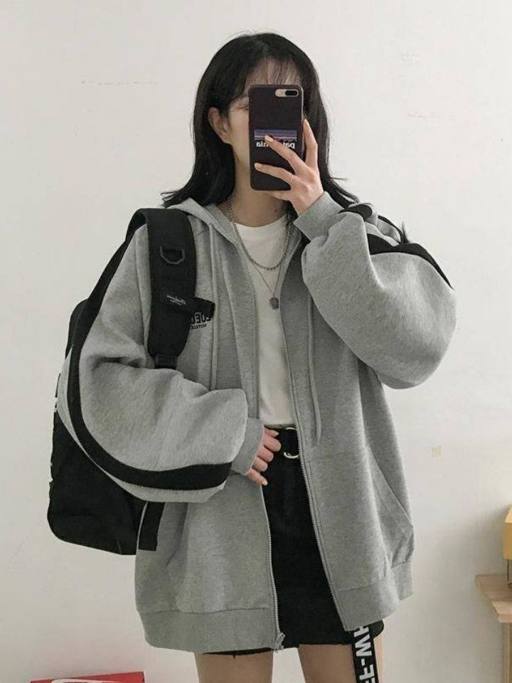 Gray Retro Oversized Zipper Hoodie