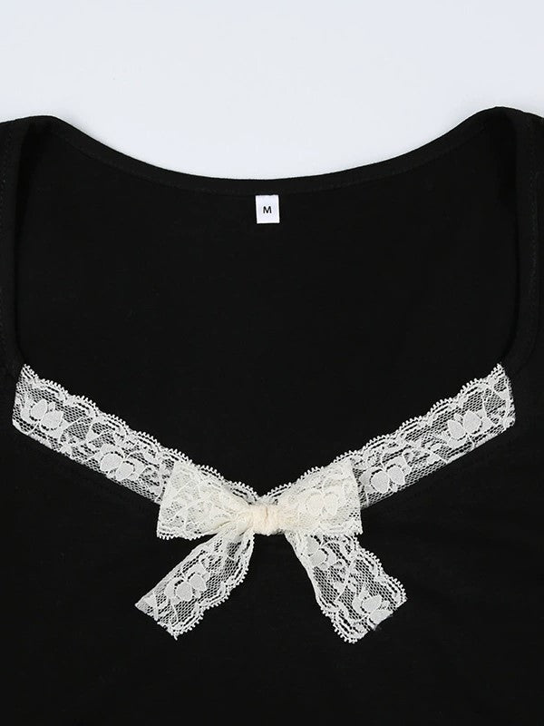 Black Lace Decorated V Neck Bow Long Sleeve Top