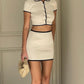 Contrast Vintage Lapel Collar Cardigan Lapel Top &amp; Mini Skirt Set