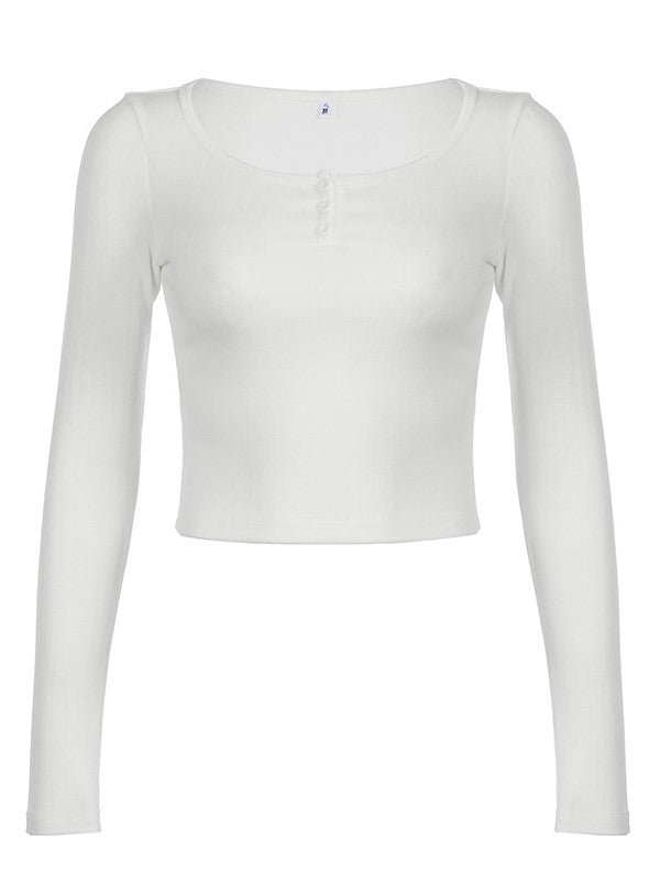 Classic V-neck button placket long sleeve top