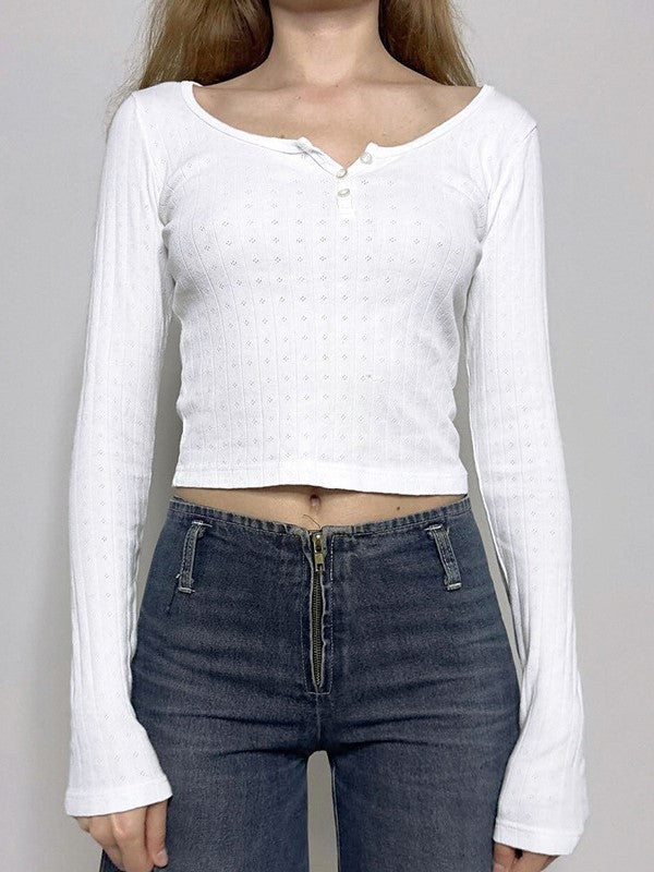 Classic V-neck button placket long sleeve top