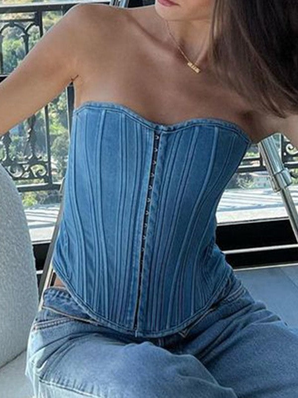 Blue vintage hook closure denim corset top