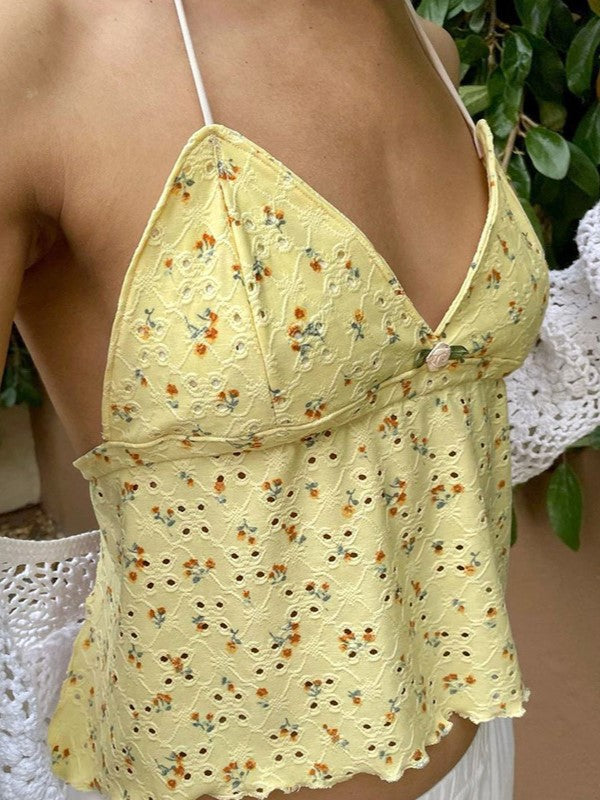 Yellow Y2K Print Cut Out Back Lace Up Cami Top