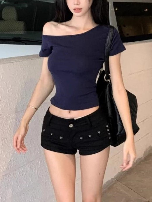 Navy Blue Irregular Shoulder Cut Out Short Sleeve Crop Top