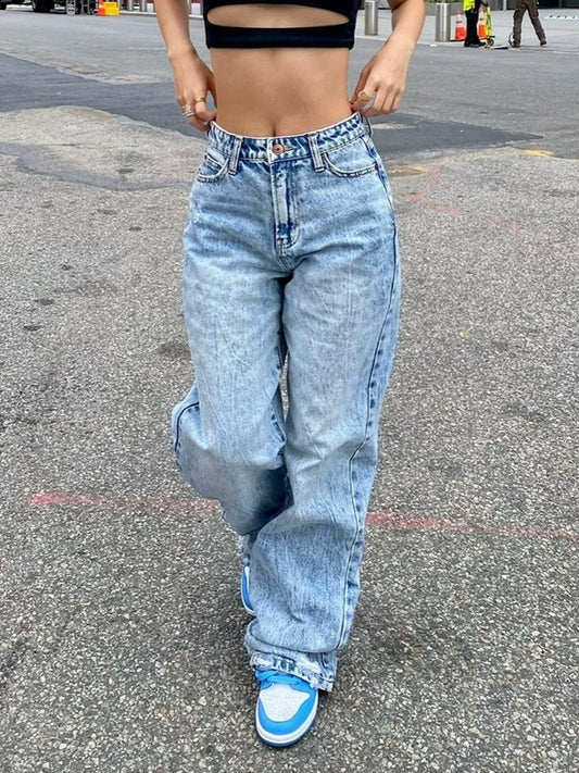 2000s Y2k Blue Straight Leg Boyfriend Jeans with Wash Effect