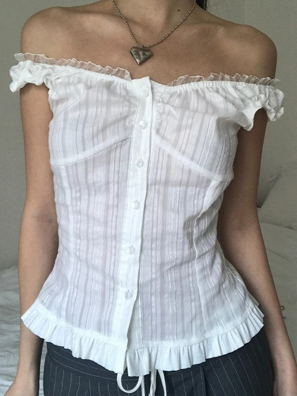 Vintage Lace Embellished Off Shoulder Blouse with Button Front