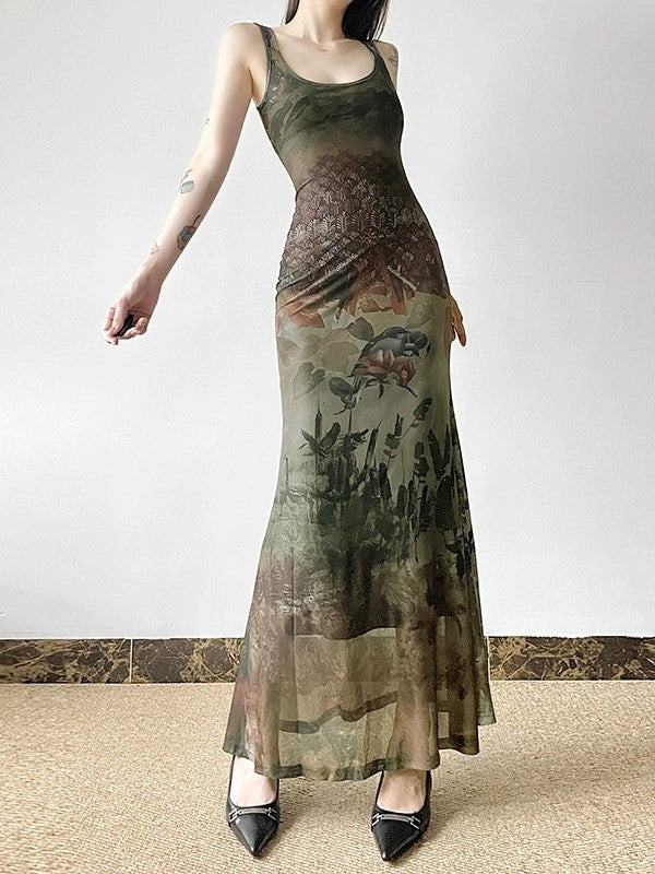 Vintage Botanical Printed Bodycon Midi Dress