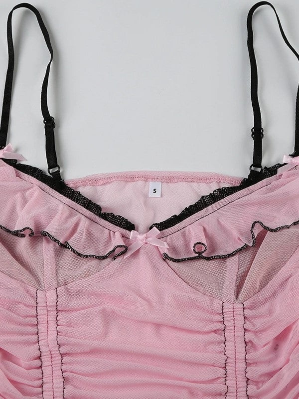 Pink Vintage Lace Up Bow Mesh Cami Top 