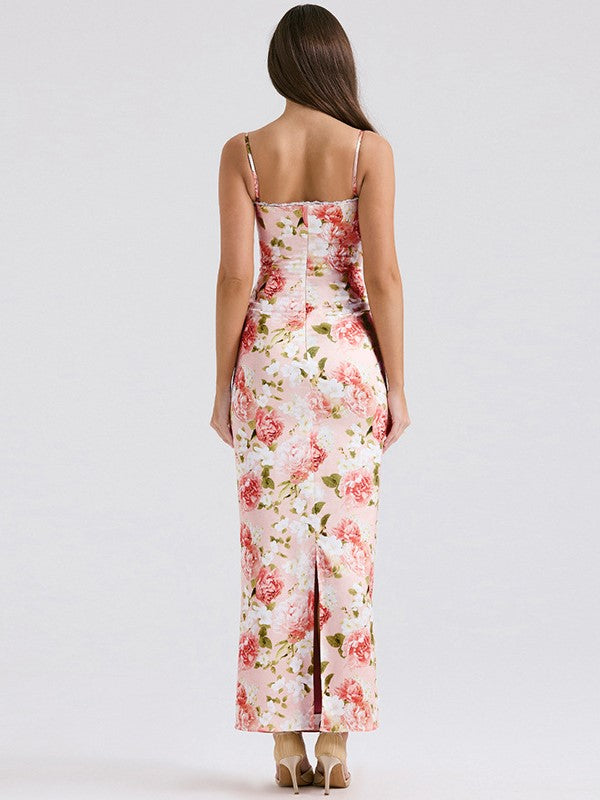 Pink French Floral Slim Maxi Dress