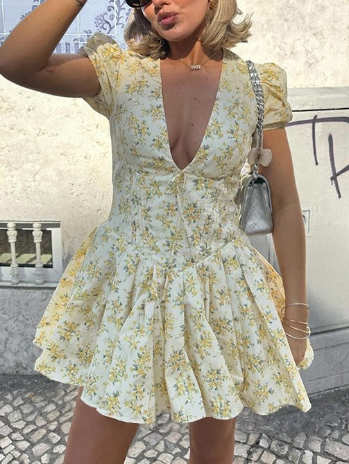 Yellow French Floral Deep V Neck Puff Sleeve Mini Dress