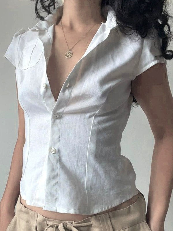 White Vintage Button Front Pocket Blouse