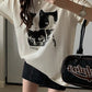 Vintage oversize T-shirt with short sleeves and cat print