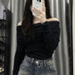 Black Vintage Off Shoulder Ruffle Long Sleeve Top