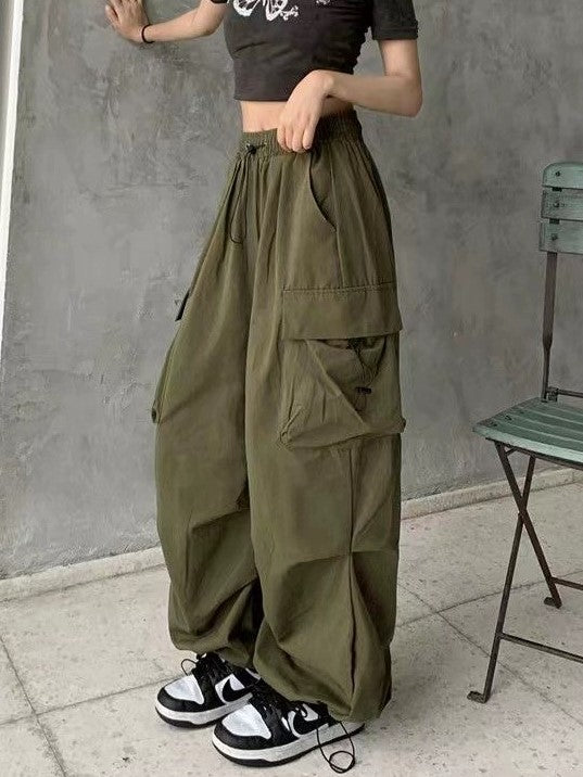 Vintage Y2K Baggy Parachute Cargo Pants with Drawstring