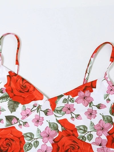 Red Vintage Floral Print V-Neck Cami Top &amp; Maxi Skirt Set 