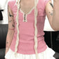 Pink Y2K Striped Lace Trim Button Up Top