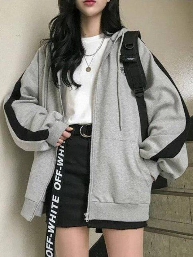 Gray Retro Oversized Zipper Hoodie