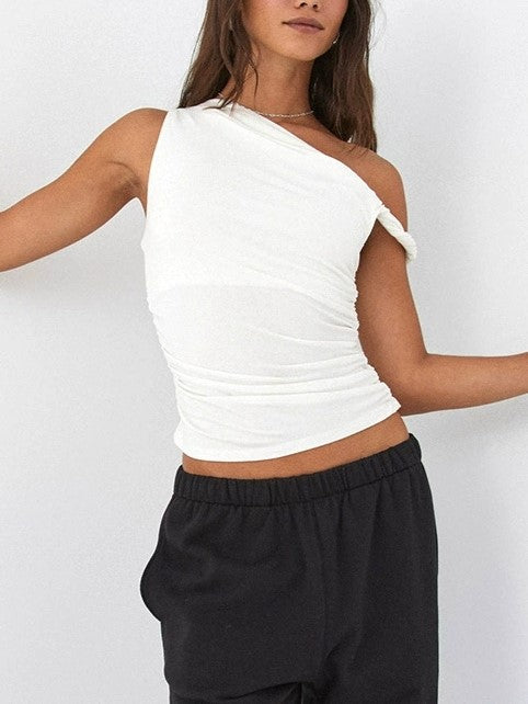 White One Side Ruched Asymmetric Slim Tank Top