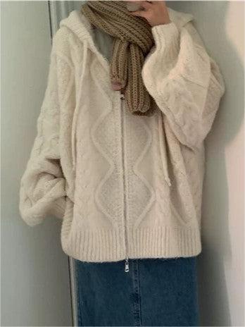 Vintage Oversize White Cardigan with Hood and Zipper