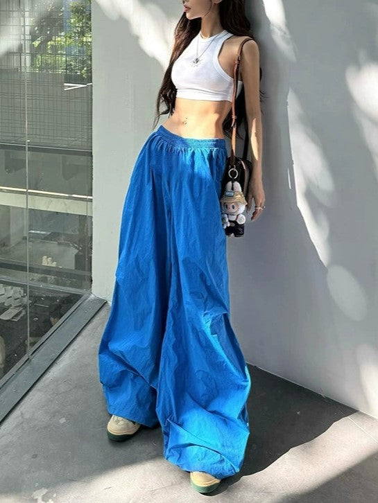 Blue Retro High Waist Wide Leg Cargo Pants