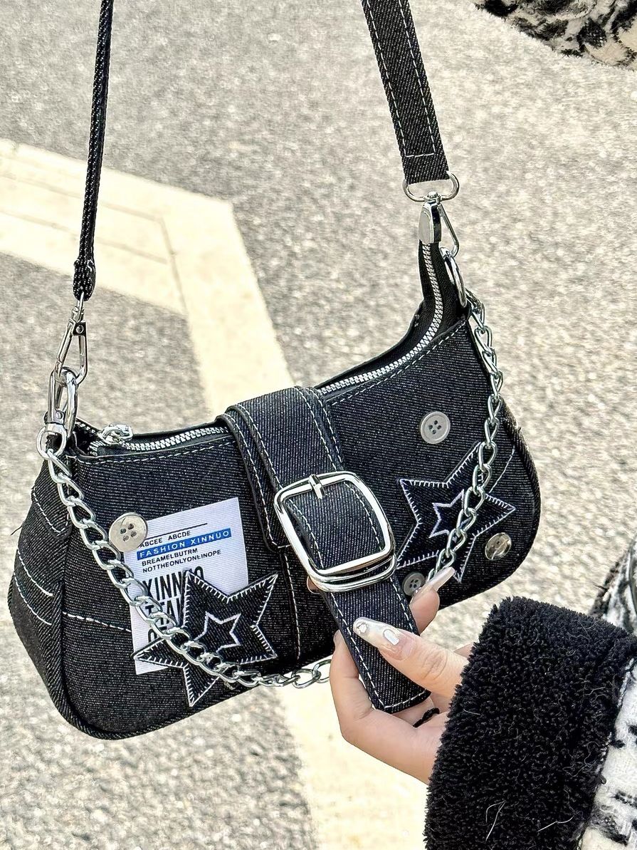 Black denim Y2K shoulder bag with star sticker