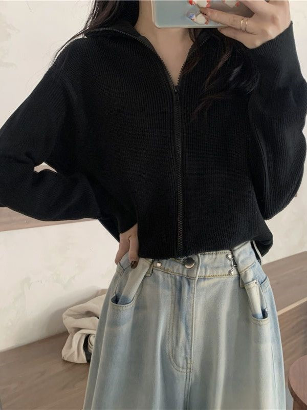 Solid Color Vintage Zipper Lapel Collar Long Sleeve Knitted Sweater