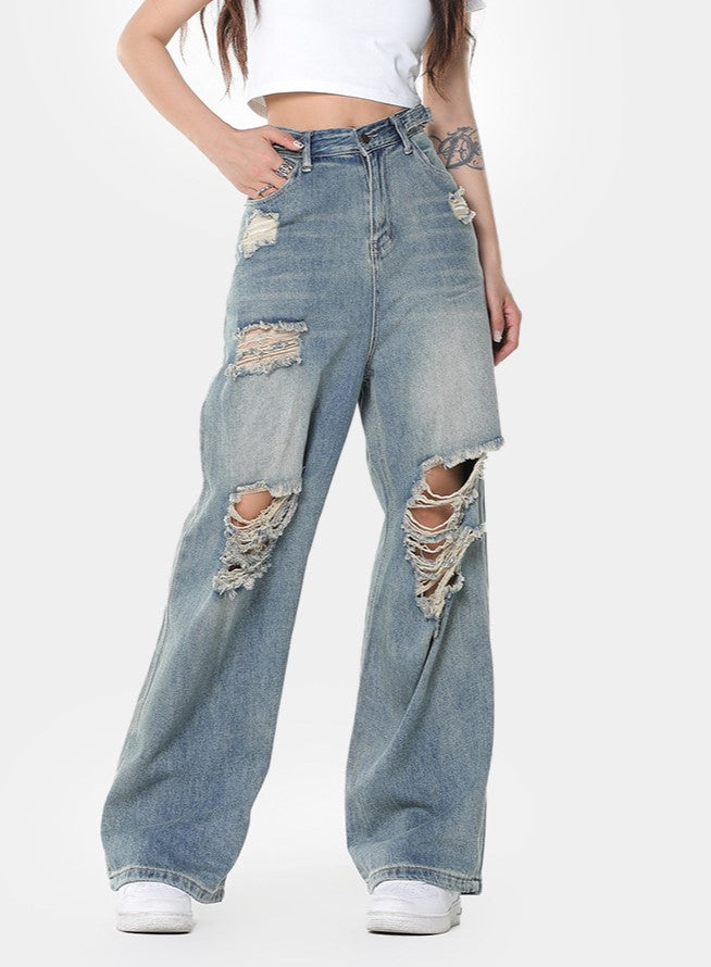 Blue Vintage Wide Leg Ripped Jeans