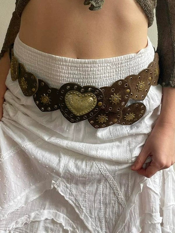 Vintage Brown Heart Studded Belt