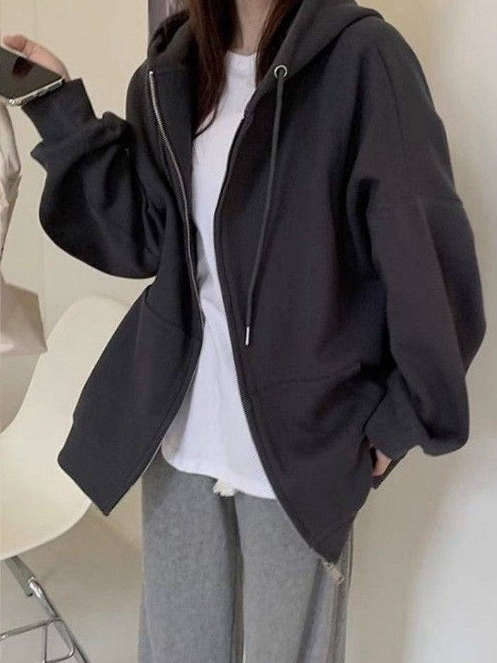 Solid Color Hip Hop Oversized Zipper Hoodie