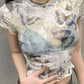 Y2K Butterfly Printed Mesh Crop Top with Rolled Hem