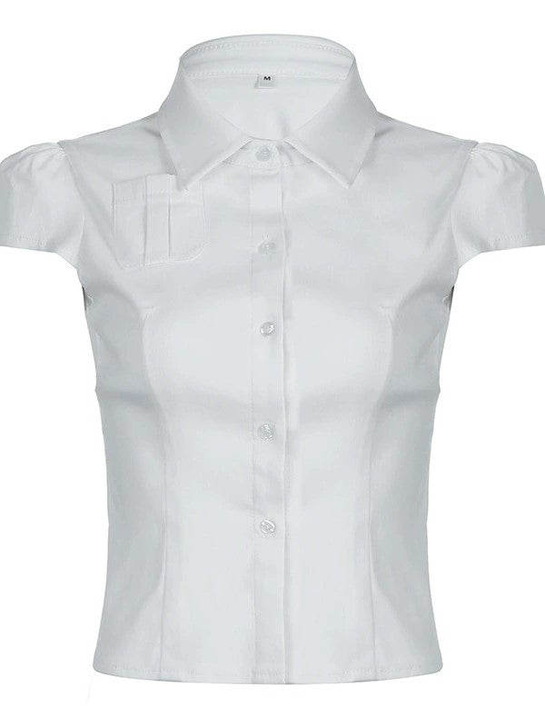 White Vintage Button Front Pocket Blouse