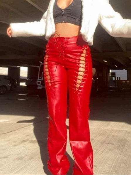 Y2k PU leather pants with cutout detail