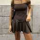 Brown strapless ruffle design mini dress with strap design