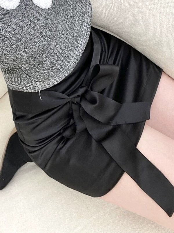 Black Bow Satin Mini Skirt