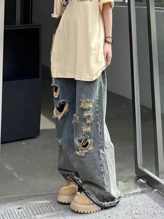 Blue Hip Hop Distressed Ripped Effect Boyfriend Jeans