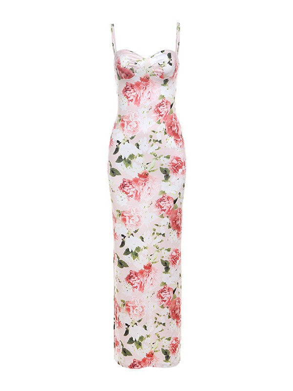 Pink French Floral Slim Maxi Dress