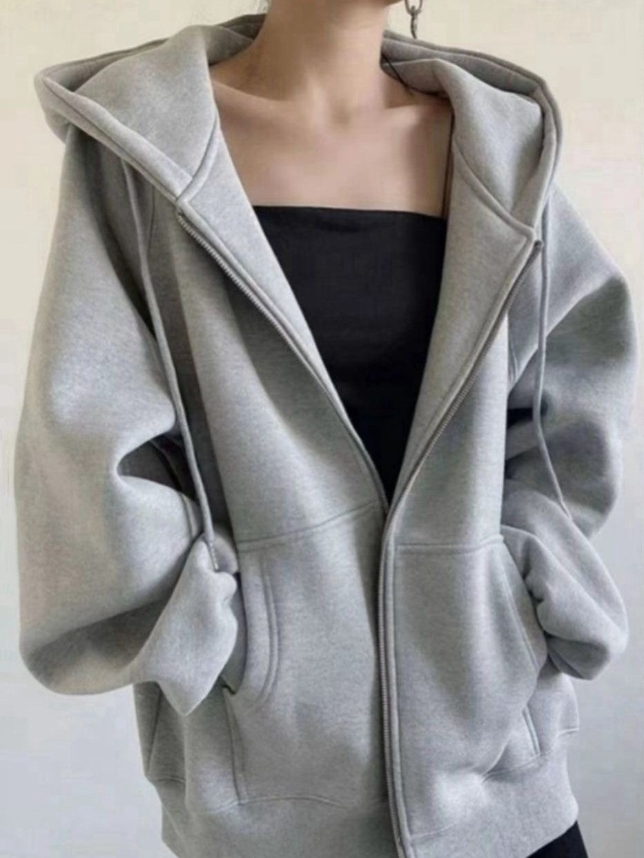 Solid Color Hip Hop Oversized Zipper Hoodie