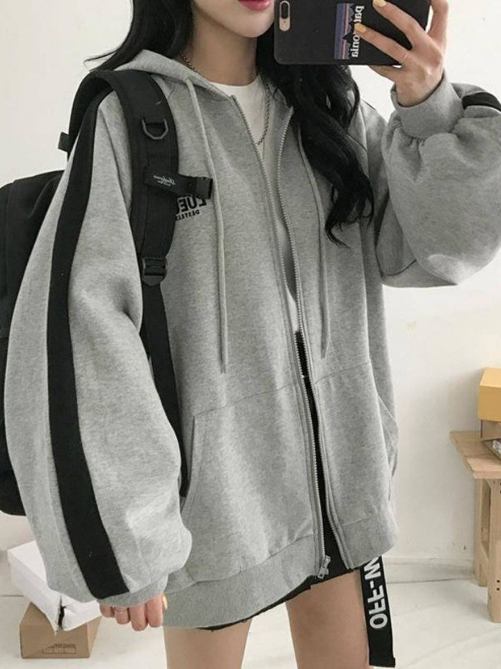 Gray Retro Oversized Zipper Hoodie