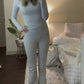 Classic plain long sleeve top and flared trousers set