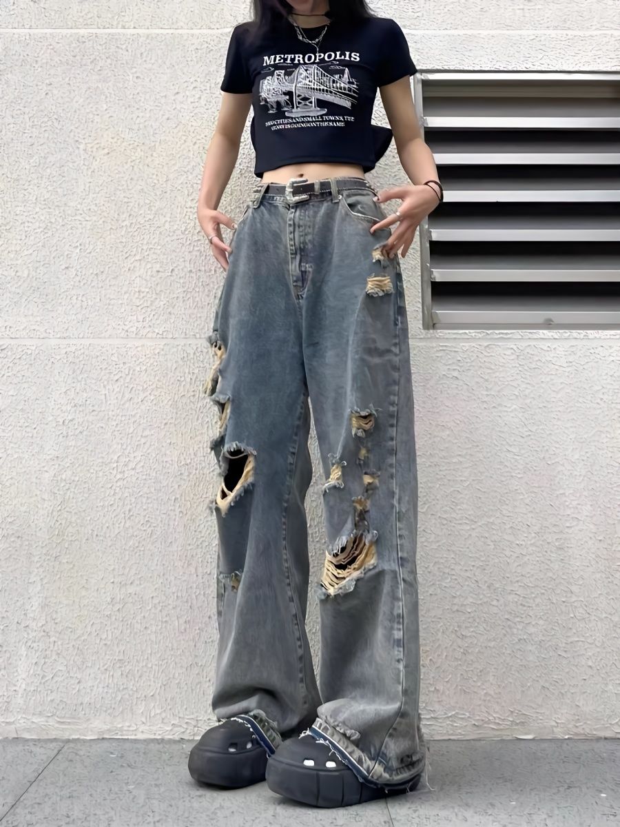 Blue Hip Hop Distressed Ripped Effect Boyfriend Jeans