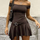 Brown strapless ruffle design mini dress with strap design