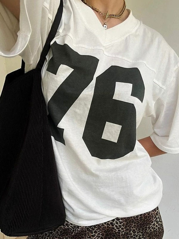 Contrast Colors Retro Sporty Oversized Short Sleeve Shirt with V Neck