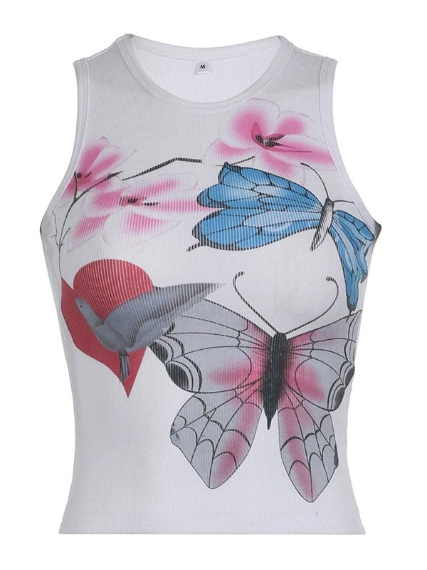 Vintage Floral &amp; Butterfly Pattern Slim Fit Tank Top