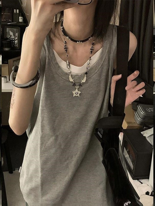 Gray Vintage American Style Sleeveless Tank Top