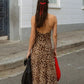 Vintage Leopard Print V Neck Backless Maxi Dress