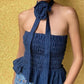 Vintage Denim Floral Embellished Pleated Bandeau Top