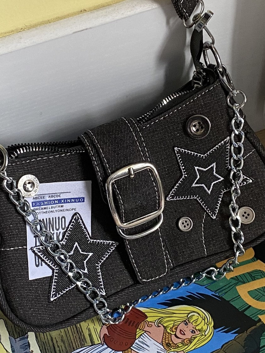 Black denim Y2K shoulder bag with star sticker