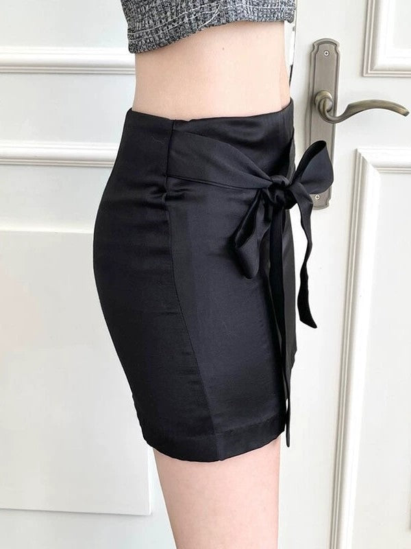 Black Bow Satin Mini Skirt