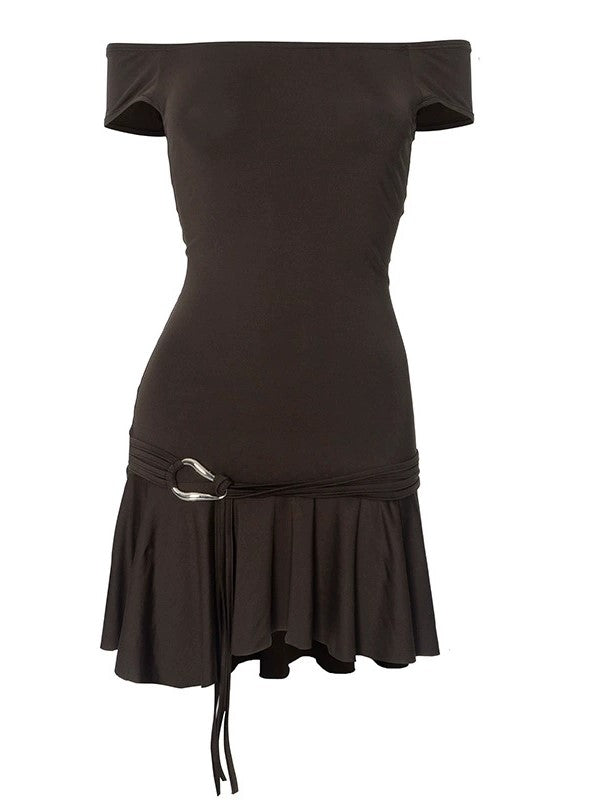 Brown strapless ruffle design mini dress with strap design